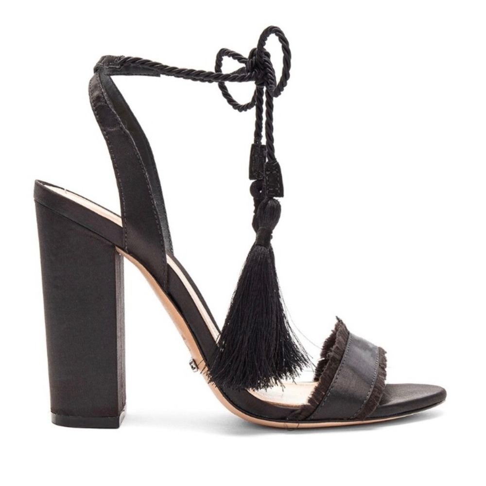 Schutz Black Satin Tassel Lace Up Block Heel Sandals Fringe Trim Size 10B